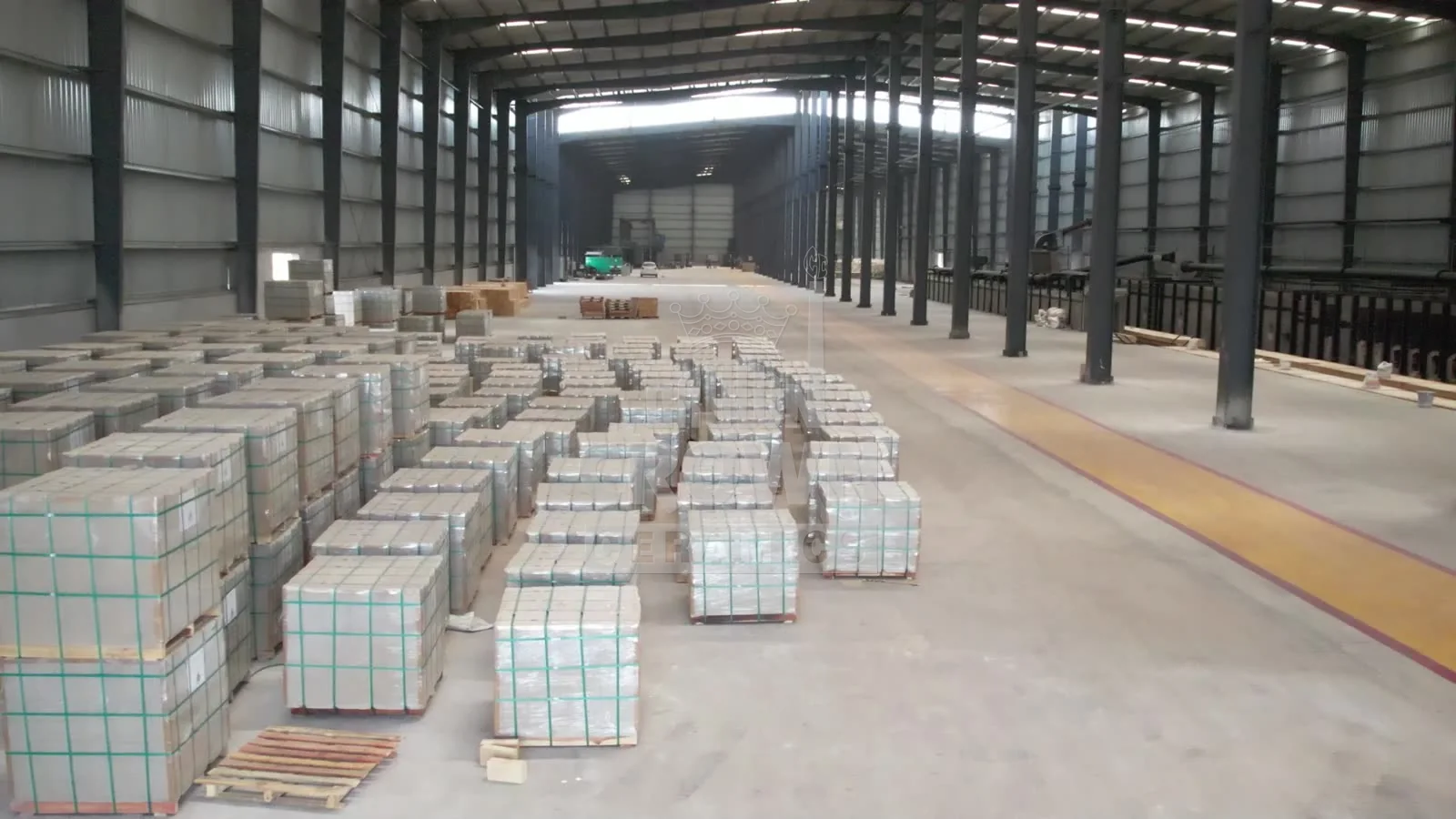 Pallets of finished bricks stored in the warehouse